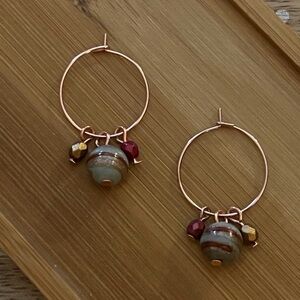 Blue, Red & Gold Swirl Vintage Bead; Red & Gold Czech Bead Copper Hoop Earrings